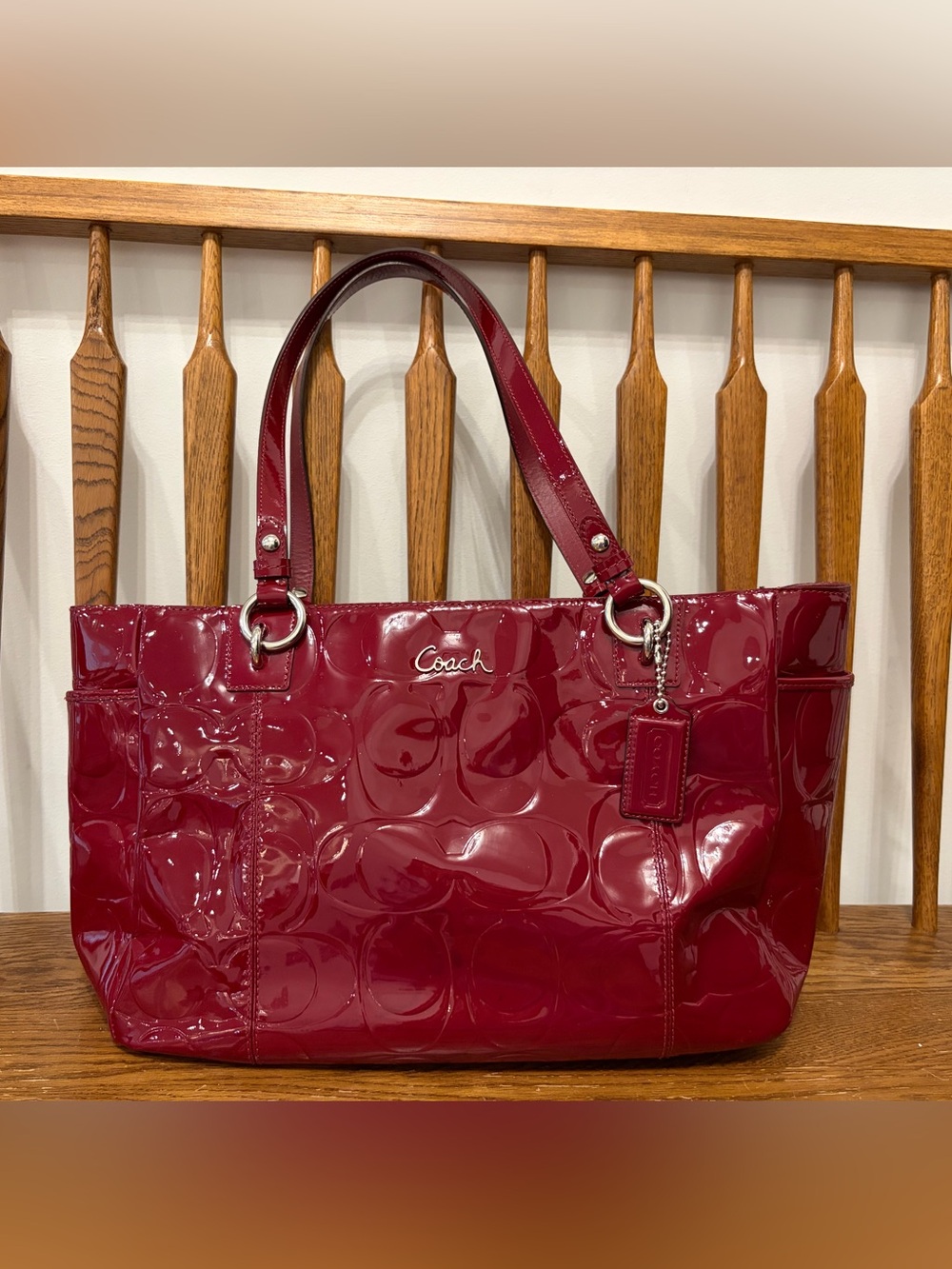 Coach F17728 Signature Embossed Patent Leather Gallery Tote Bag Burgundy